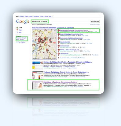 Search results in the French Google for the keywords "esthetique (aesthetic) toulouse" on  september 20th, 2010