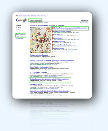 Search result on the French Google for the keywords "theatre toulouse" on September 25th, 2010